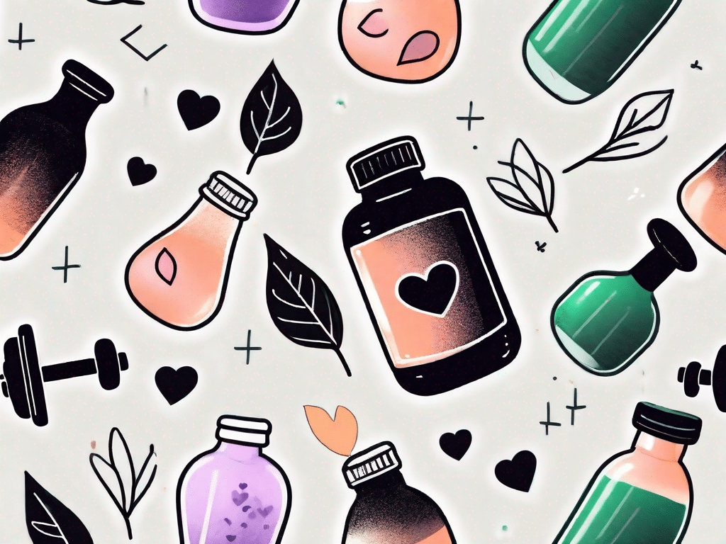 A bottle of msm supplements surrounded by symbols of health and wellness such as a heart