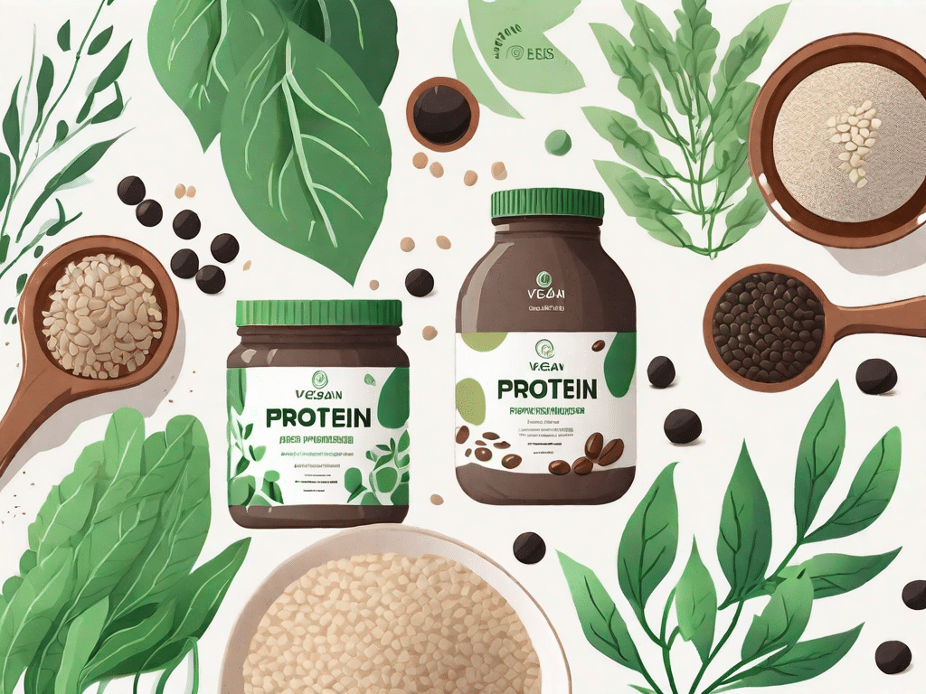 Several different types of vegan protein powders in various containers like jars and pouches