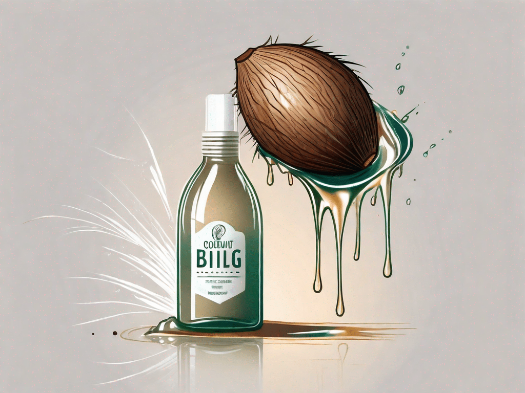 A coconut split open with oil dripping from it into a bottle