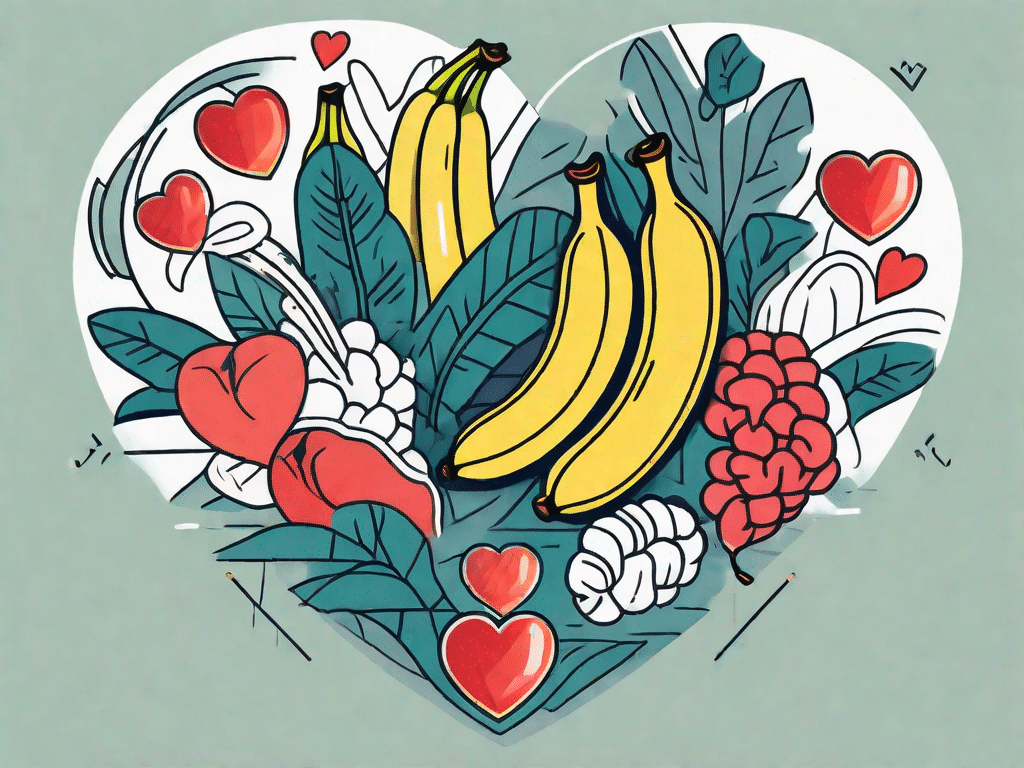 A bunch of ripe bananas surrounded by symbols of health like a heart