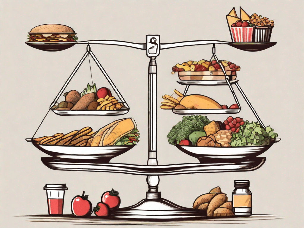 A balanced scale with various healthy foods on one side and junk food on the other