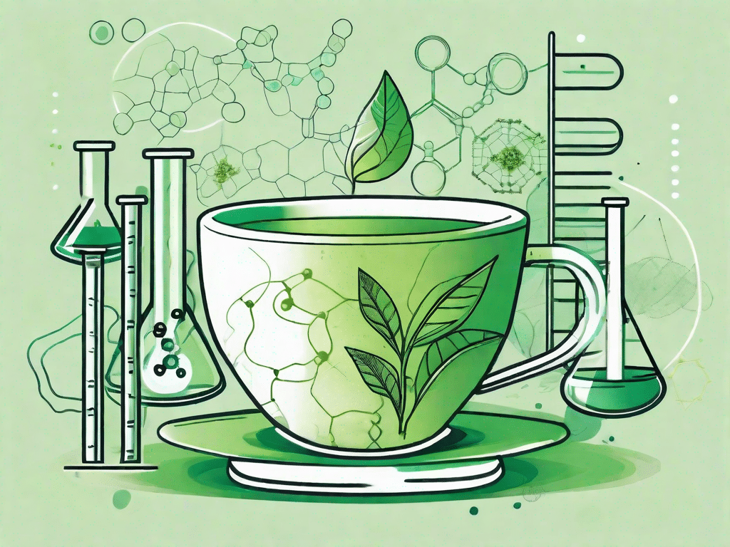 A steaming cup of green tea surrounded by various scientific symbols such as dna strands