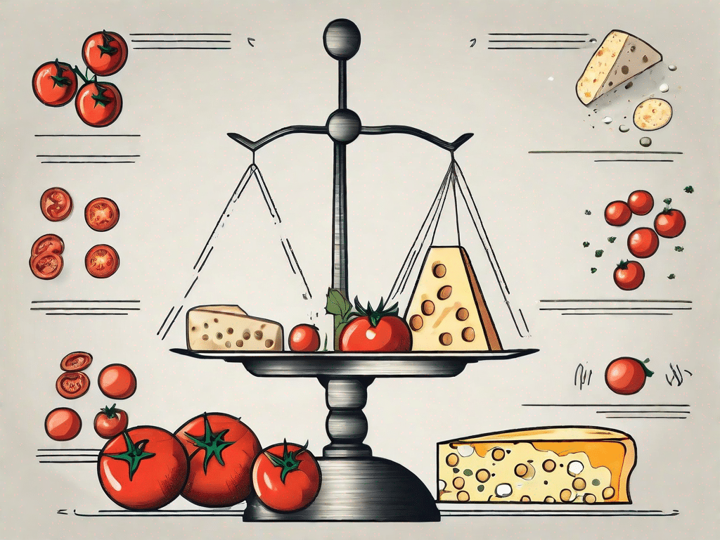 A balanced scale with a molecule of msg on one plate and common foods like tomatoes and cheese on the other