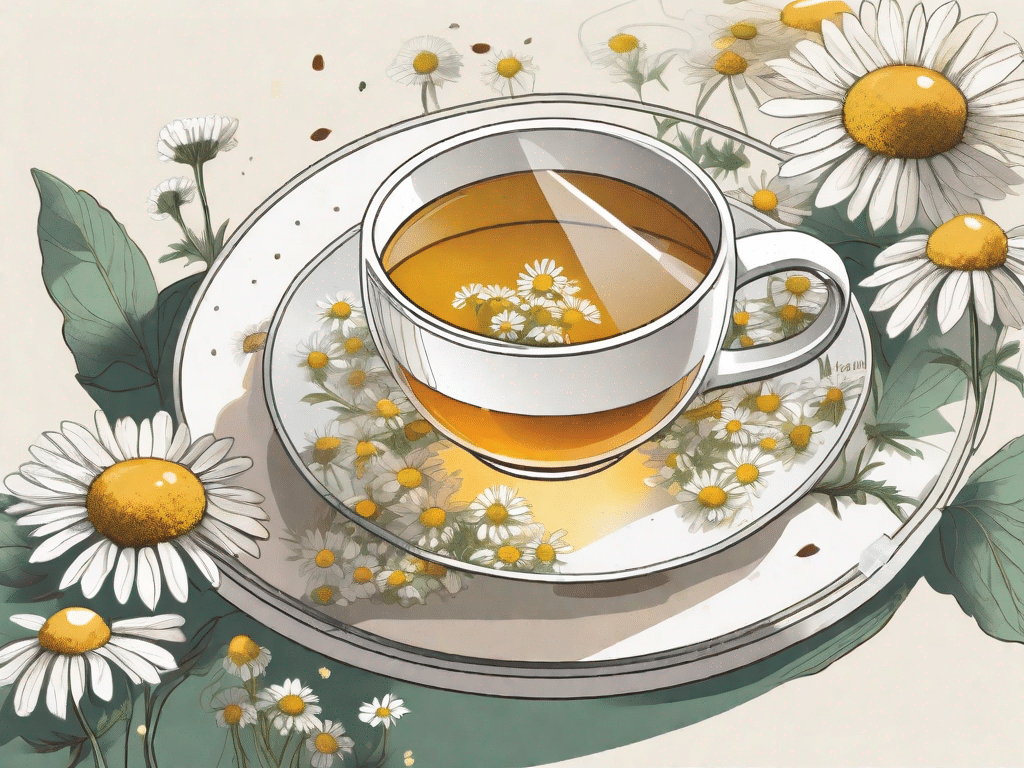 A steaming cup of chamomile tea surrounded by chamomile flowers and various tea brands' packaging