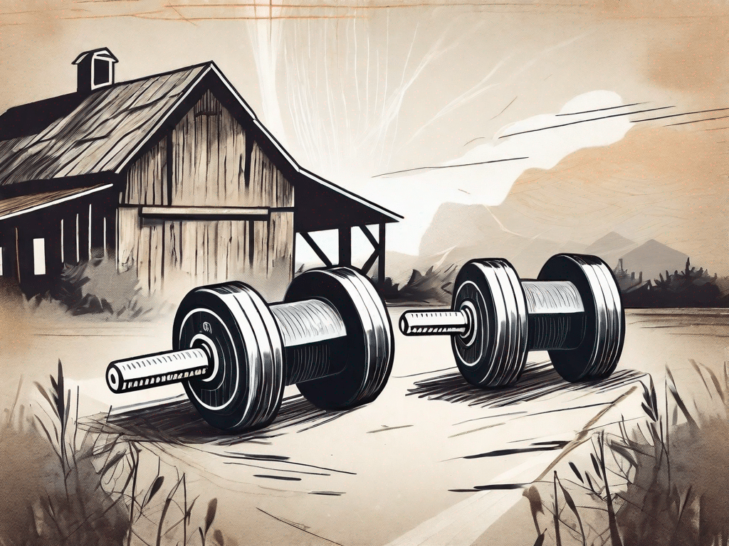 A pair of heavy dumbbells in a rustic farm setting