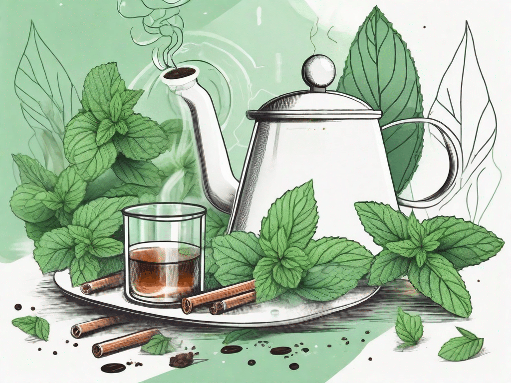 A steaming cup of peppermint tea surrounded by fresh peppermint leaves and scientific elements like test tubes and a microscope