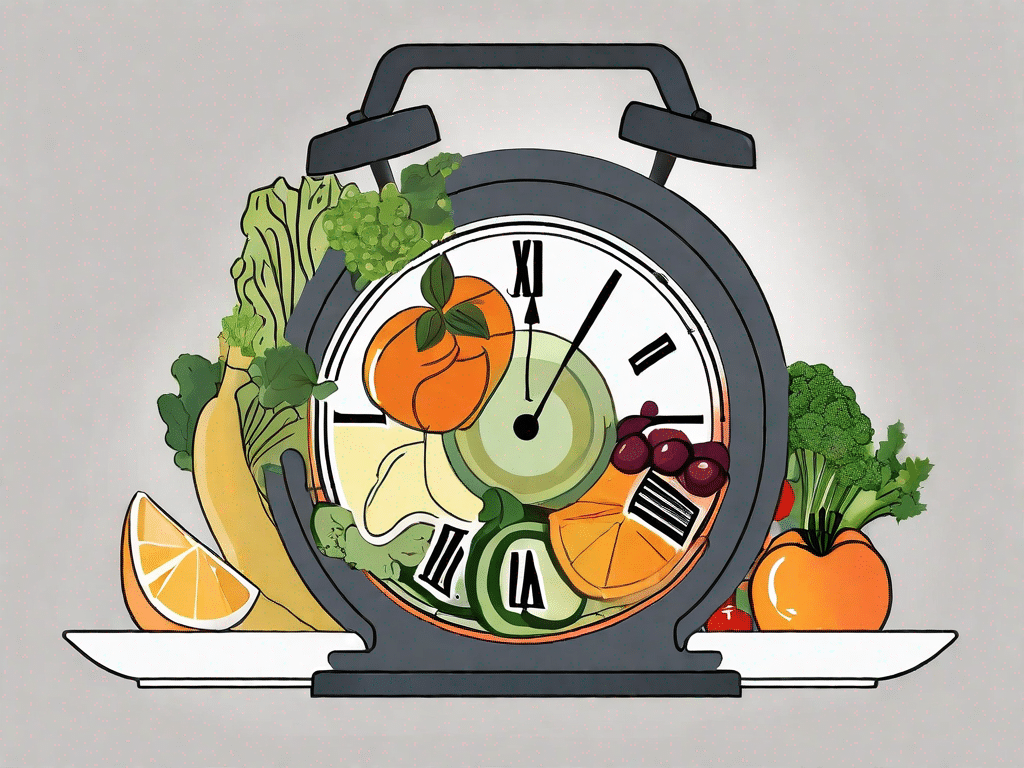 A clock surrounded by various healthy foods