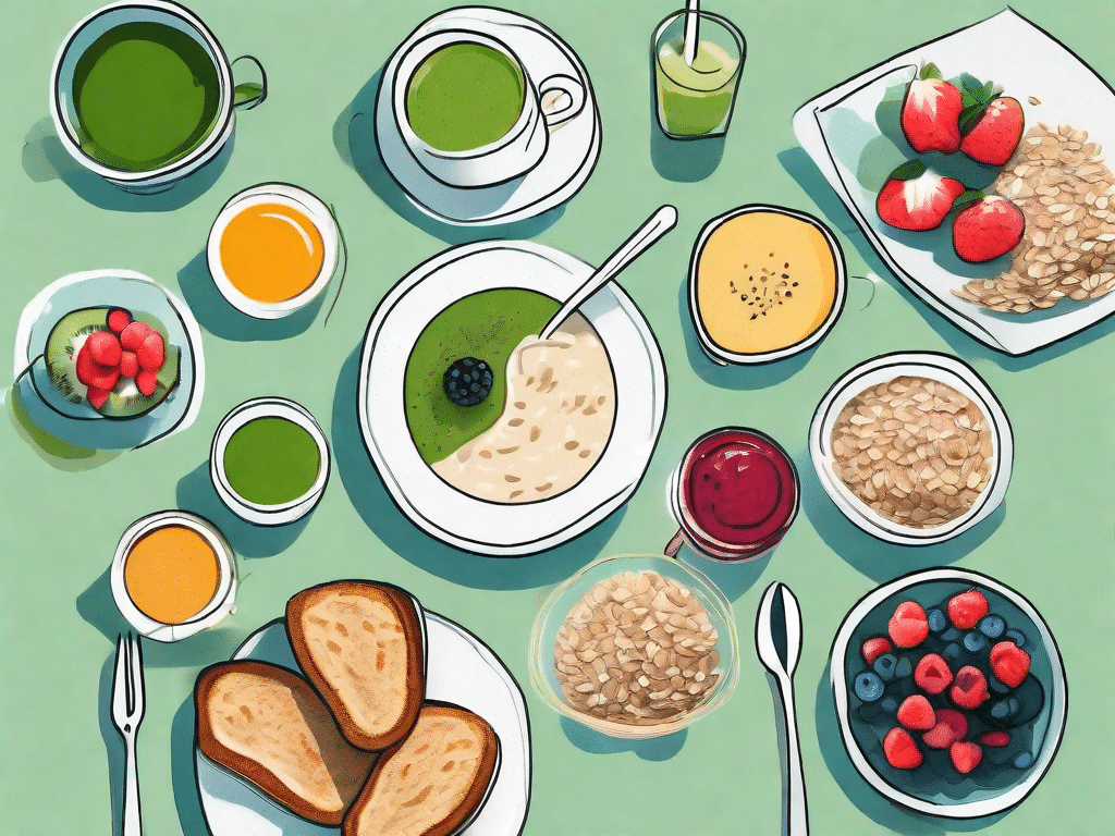 A vibrant breakfast table setting with a variety of healthy foods such as a bowl of oatmeal