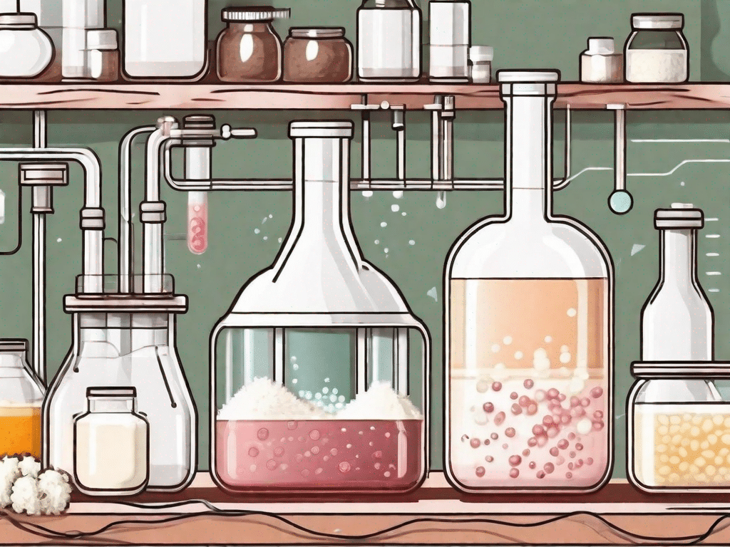 Various kefir products in a laboratory setting with scientific equipment