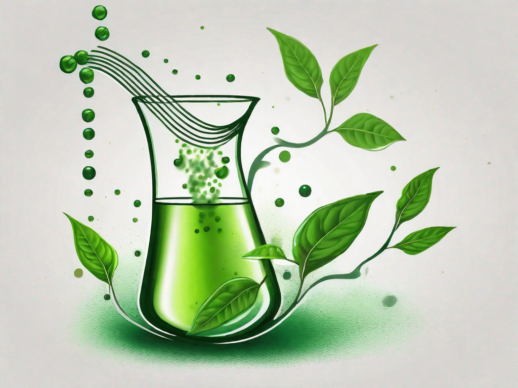 A green tea leaf partially transformed into a scientific beaker with caffeine molecules floating around it