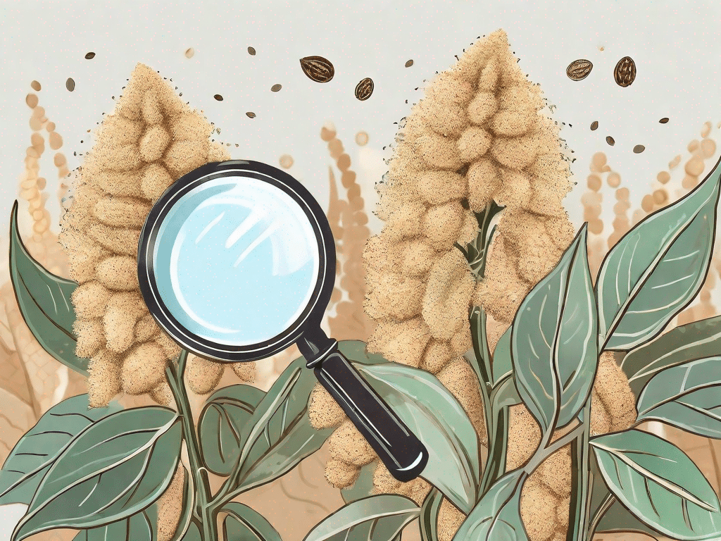 A quinoa plant in the foreground with a magnifying glass focusing on its seeds