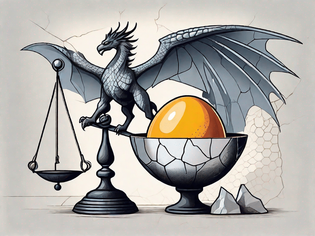 A cracked egg with a mythological creature like a griffin or dragon coming out of it