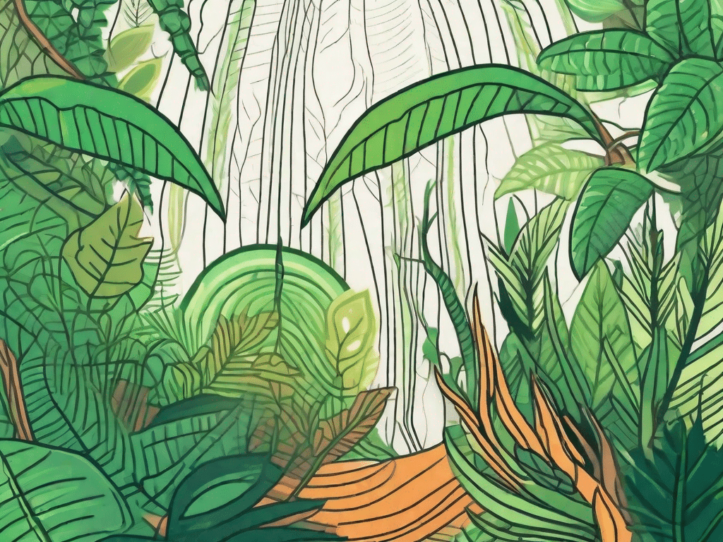 A vibrant jungle scene with an ayahuasca vine winding through it