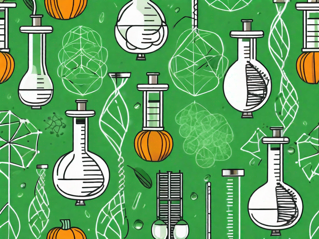 A handful of pumpkin seeds surrounded by scientific symbols like dna strands