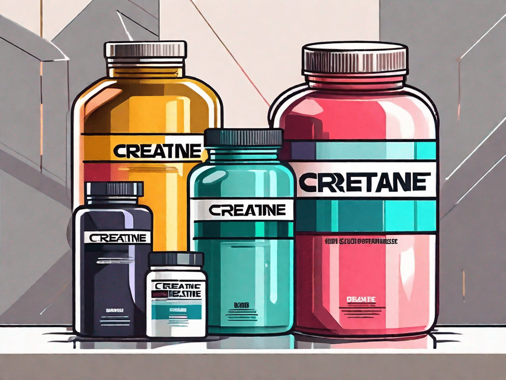 Various types of creatine supplements displayed on a podium