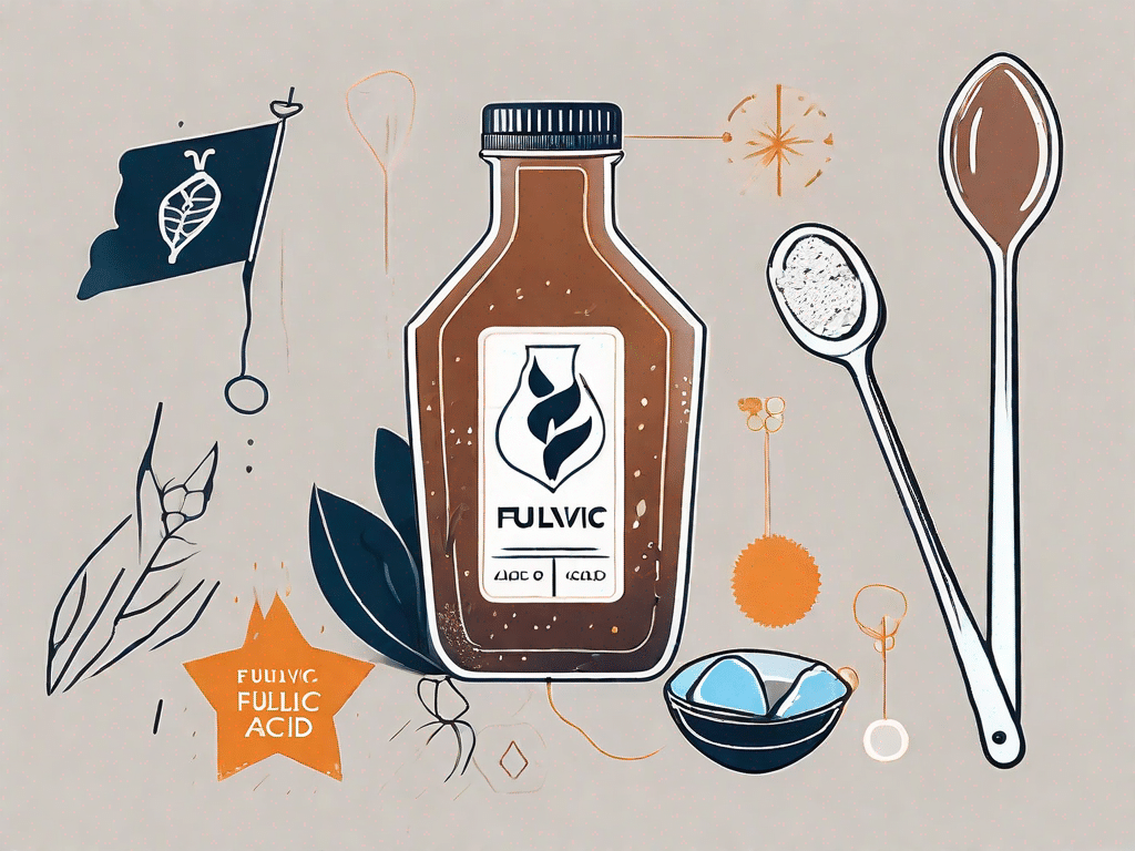 A bottle of fulvic acid surrounded by symbols of health and wellness