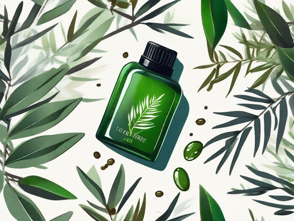 A tea tree oil bottle surrounded by tea tree leaves and small