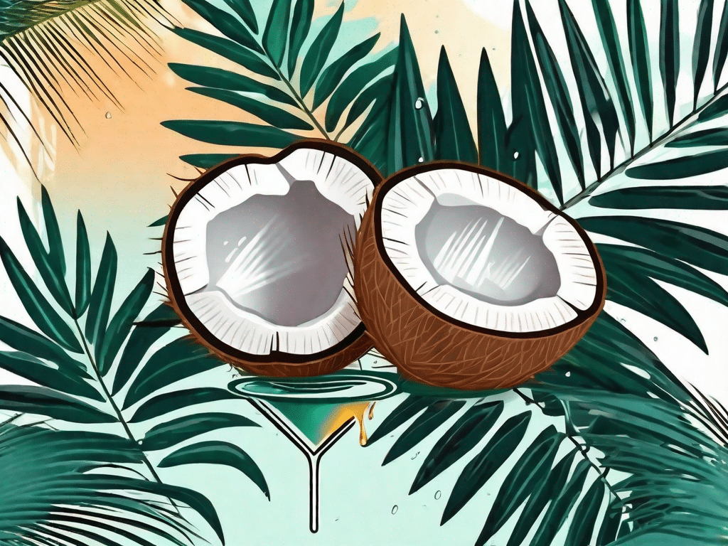 A coconut split in half with a drop of oil dripping from it