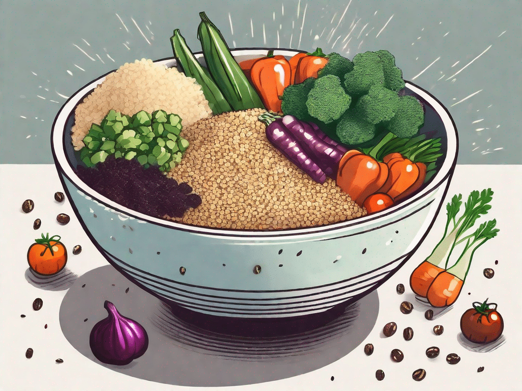 A bowl full of quinoa surrounded by various vegetables and superfoods