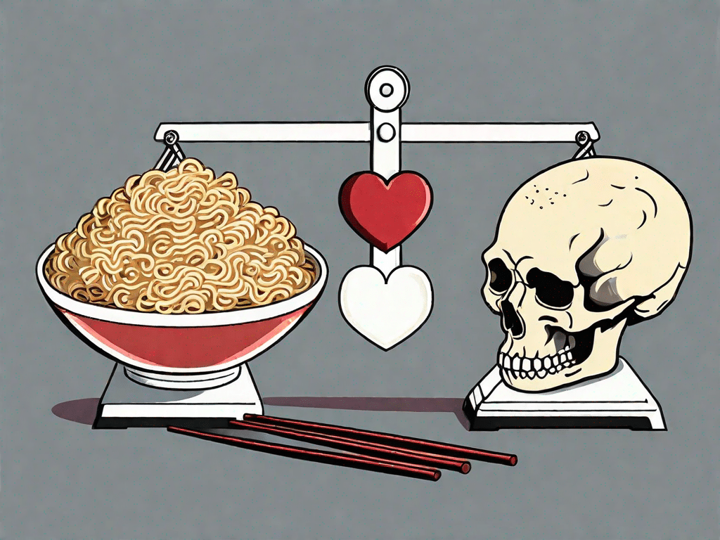 A pair of chopsticks holding a bundle of instant ramen noodles