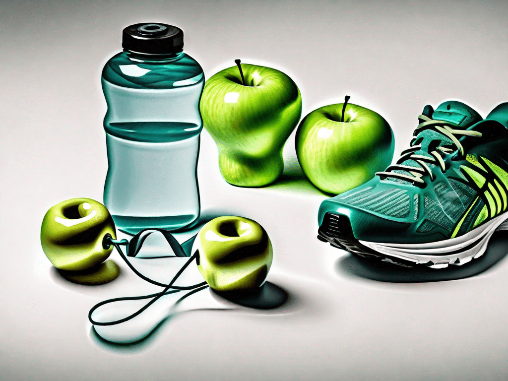 A set of dumbbells next to a green apple