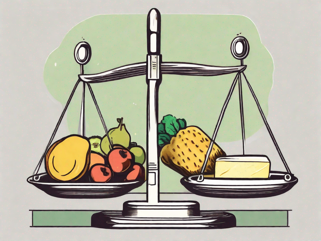 A balance scale with a stick of butter on one side and a variety of fruits and vegetables on the other
