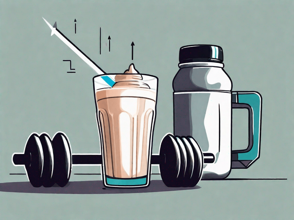 A protein shake next to a dumbbell
