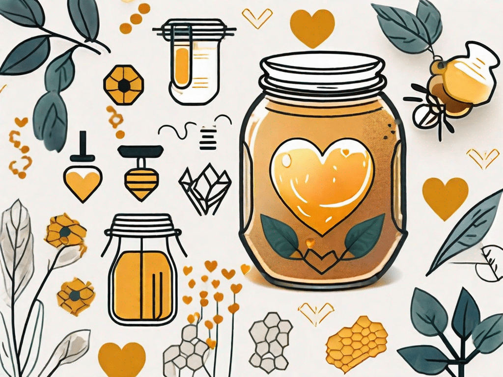 A jar of honey surrounded by various health-related symbols like a heart