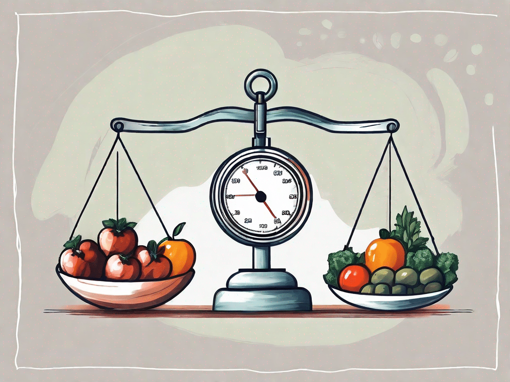 A balanced scale with healthy foods on one side and a stopwatch on the other