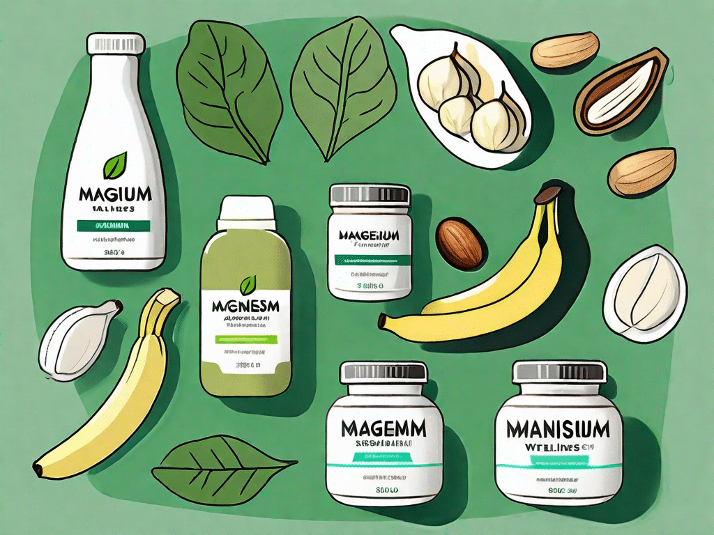 A magnesium supplement bottle next to a variety of magnesium-rich foods like spinach