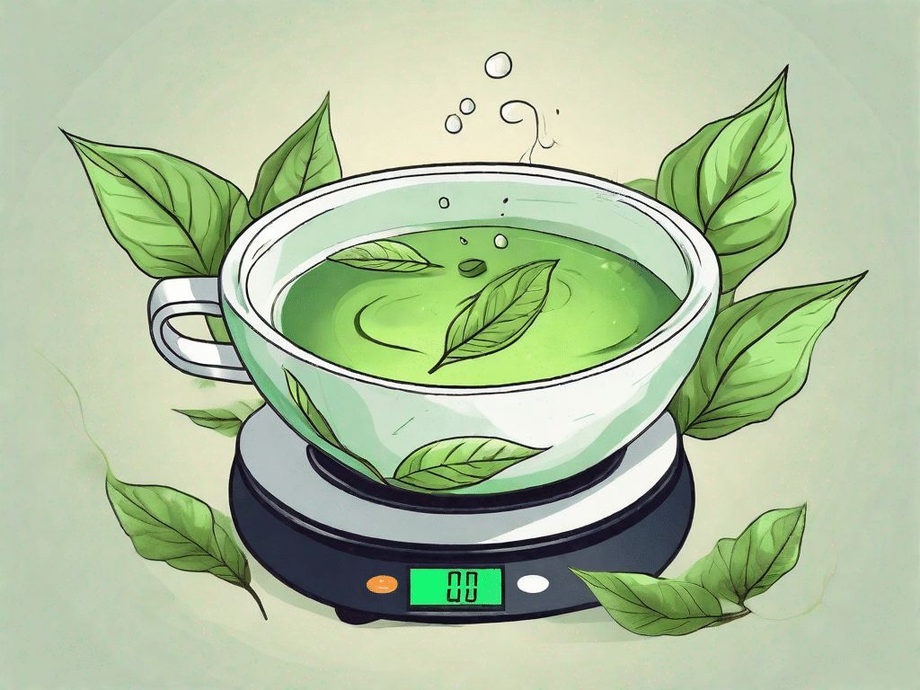 A cup of steaming green tea with leaves floating around it