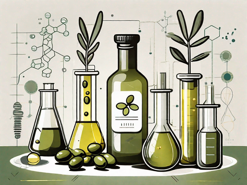 A bottle of olive oil surrounded by various scientific elements like test tubes