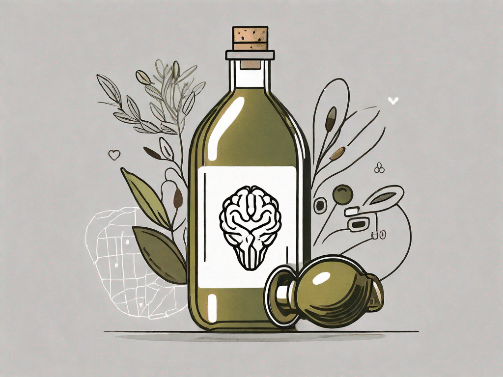 A bottle of olive oil surrounded by various symbols of health like a heart