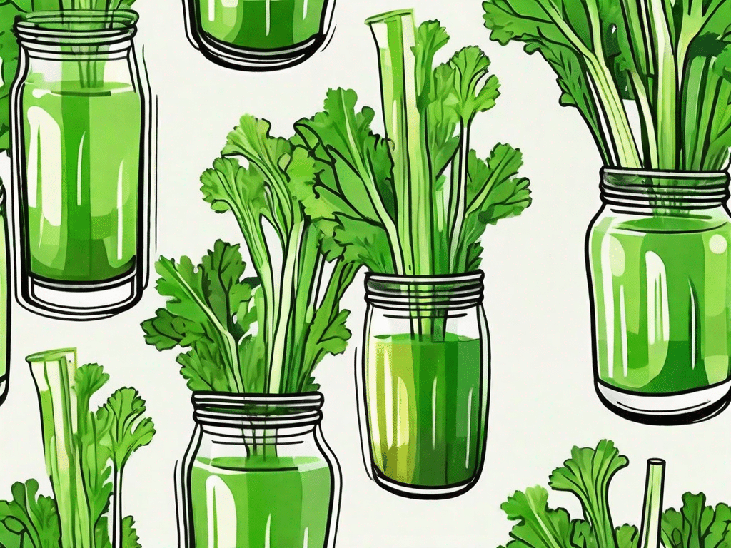 A glass of fresh celery juice surrounded by vibrant celery stalks