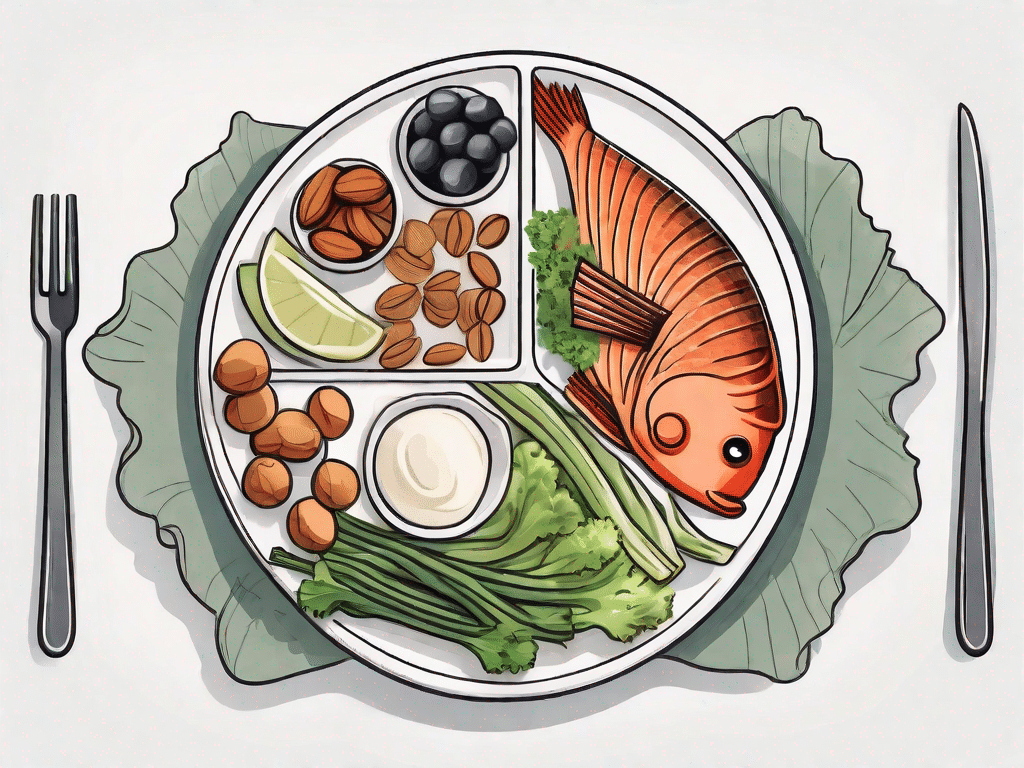 A balanced plate filled with thyroid-friendly foods such as fish