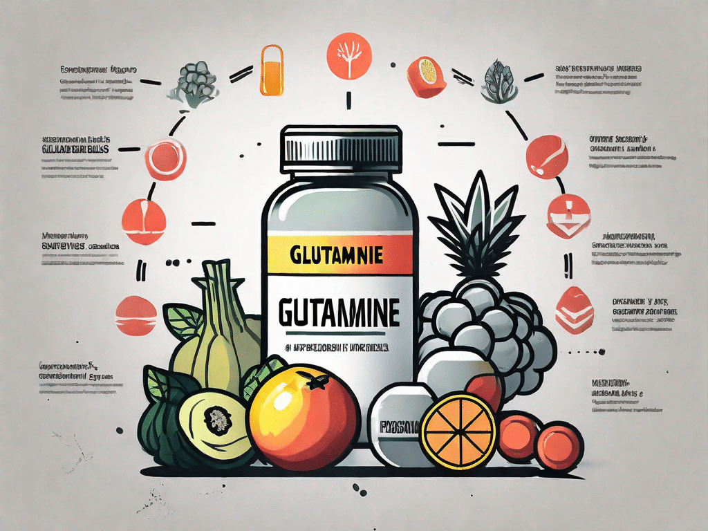 A supplement bottle labeled 'glutamine' surrounded by symbols of strength like dumbbells