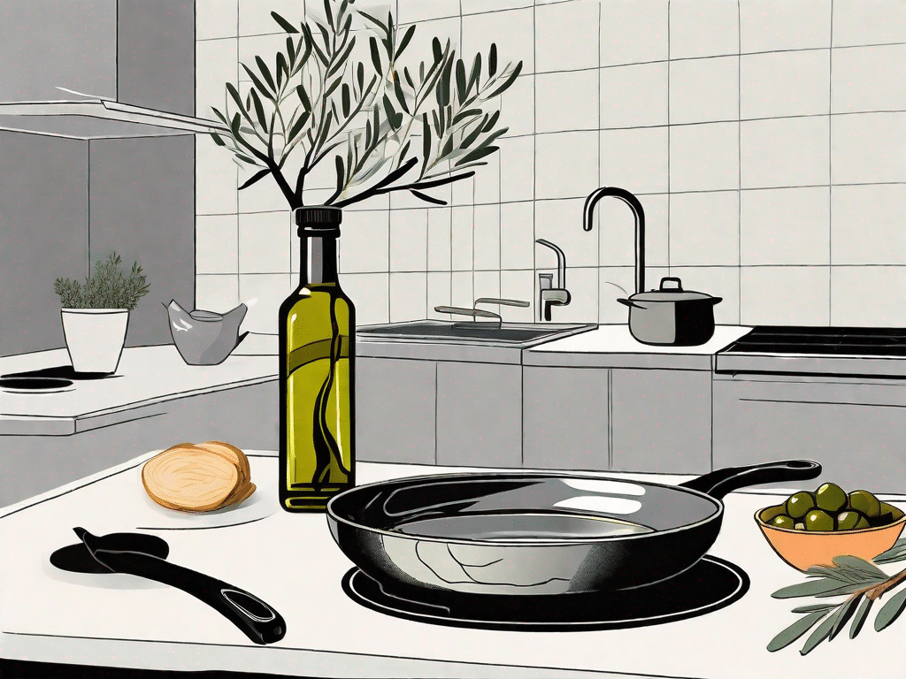 A bottle of olive oil next to a frying pan on a stove
