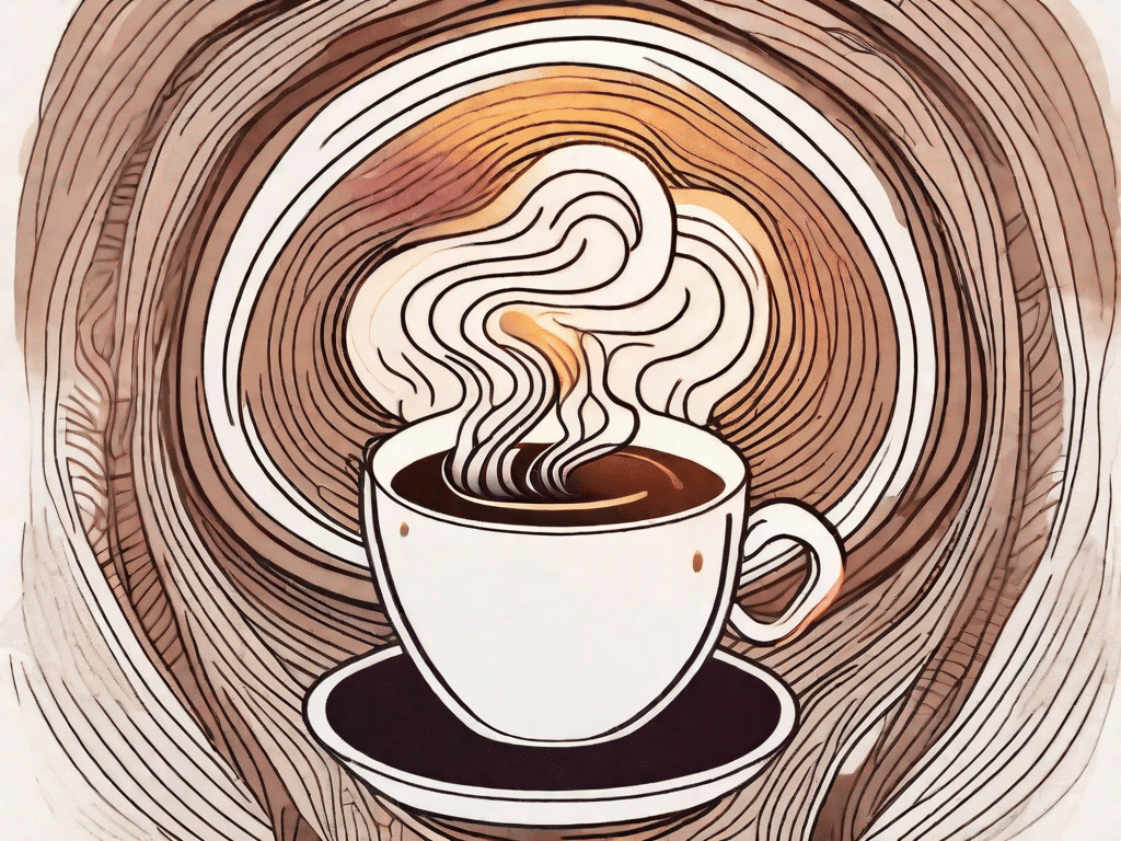 A steaming cup of coffee surrounded by vibrant energy waves and a glowing brain