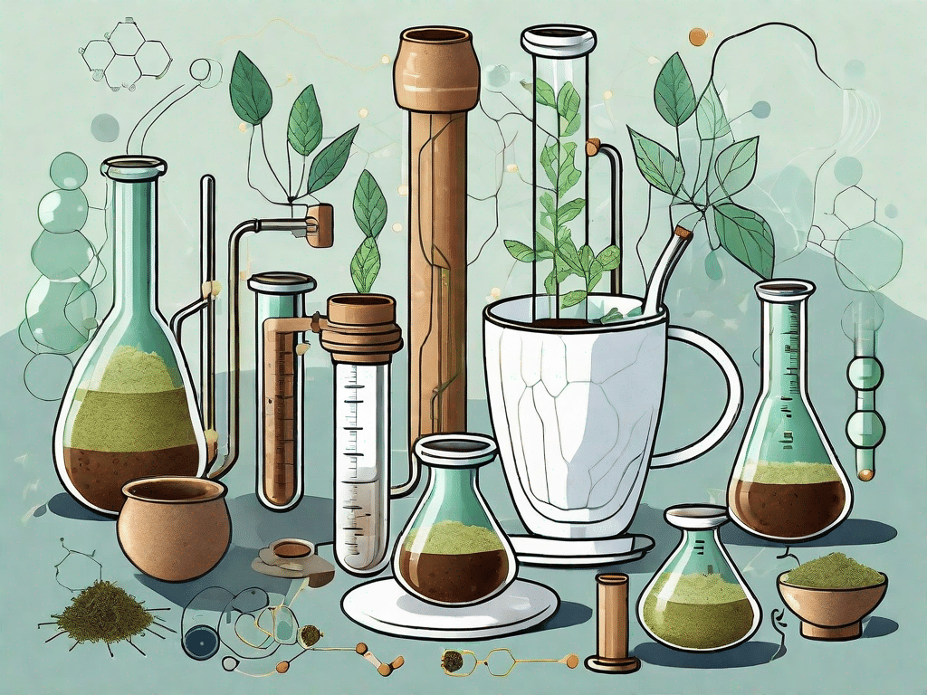 A steaming cup of yerba mate surrounded by various scientific elements like test tubes