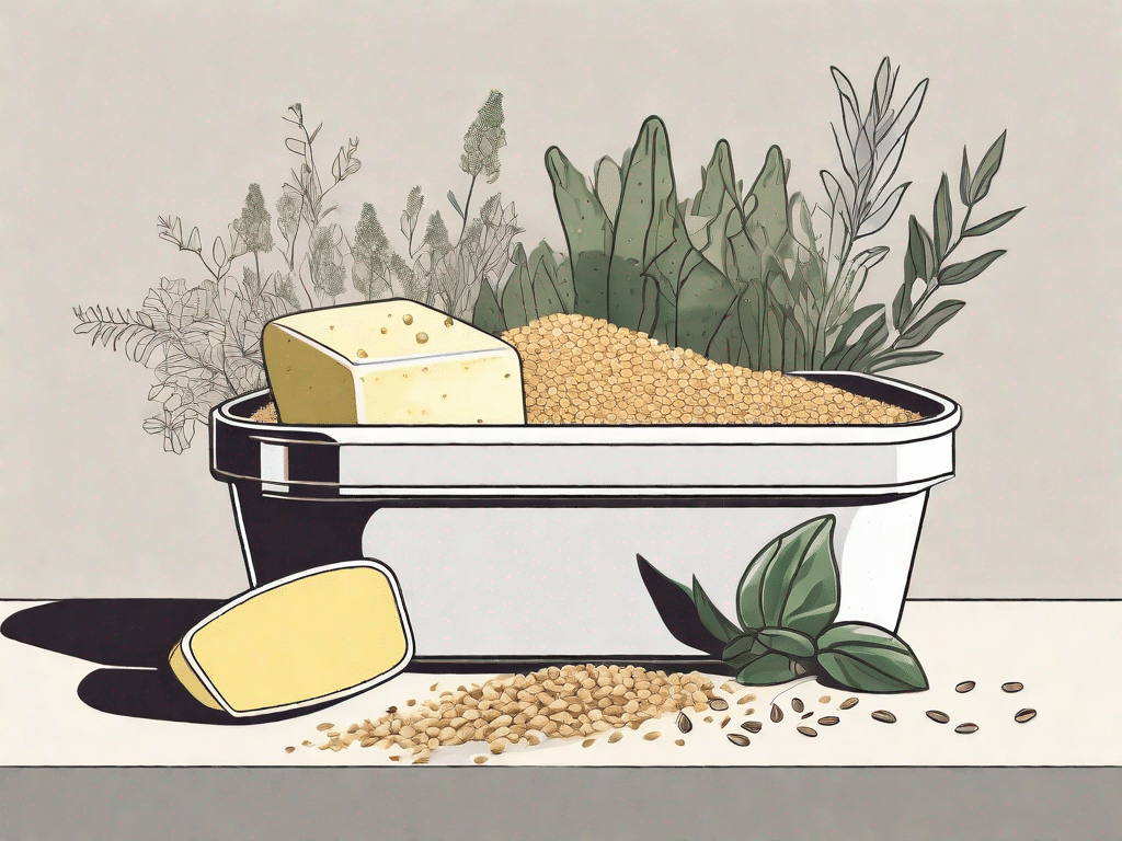 A margarine tub sitting on a table with a variety of plants and grains around it
