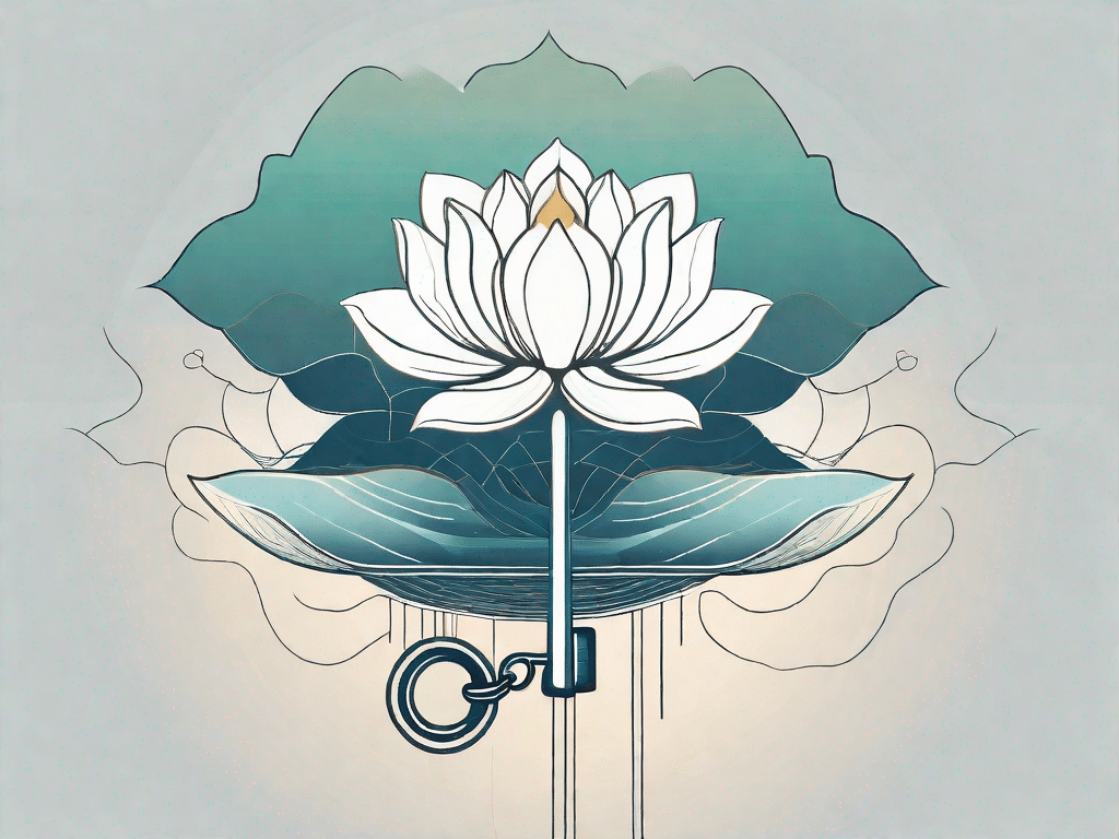 A serene landscape with a key floating above a lotus flower