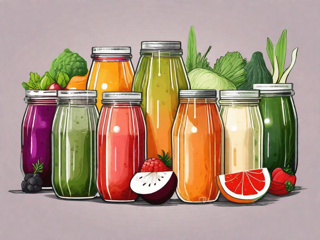 Nine different types of fruit and vegetable juices in various glass jars