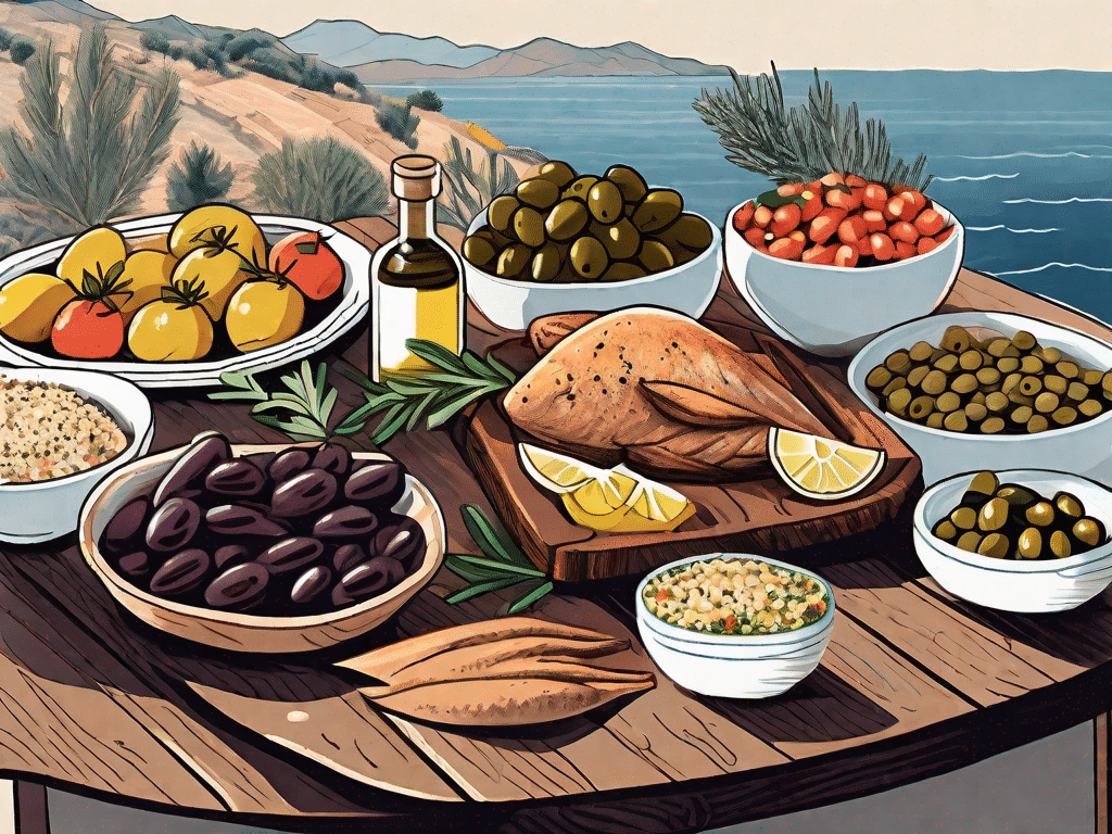 A colorful mediterranean meal spread on a rustic table