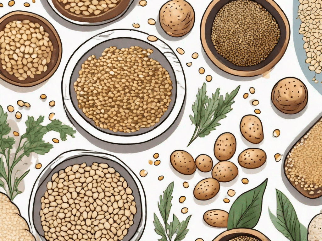 A variety of sesame seeds scattered around and within a stylized