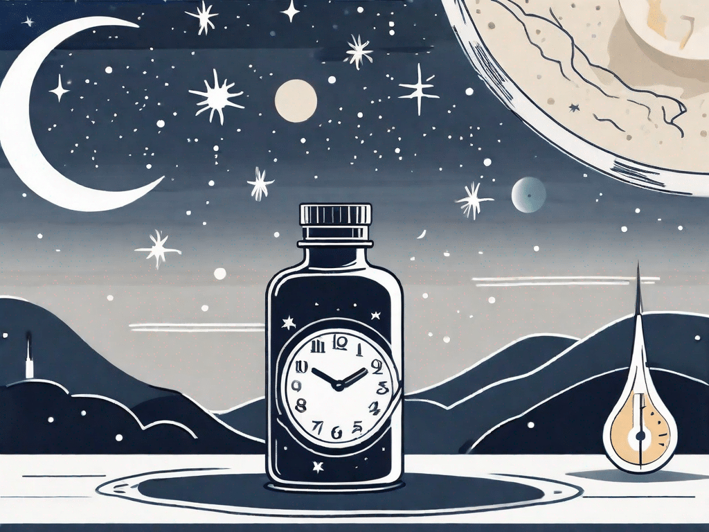A melatonin supplement bottle with a night sky and moon in the background