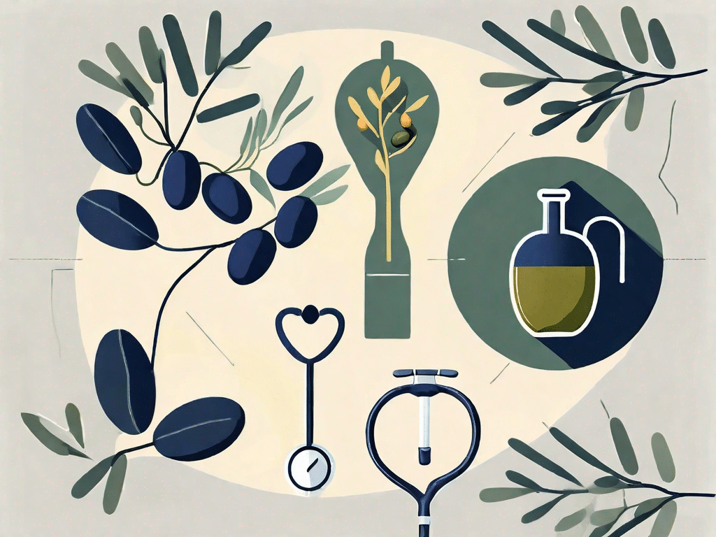 A variety of olives and olive branches intertwined with symbols of health like a heart
