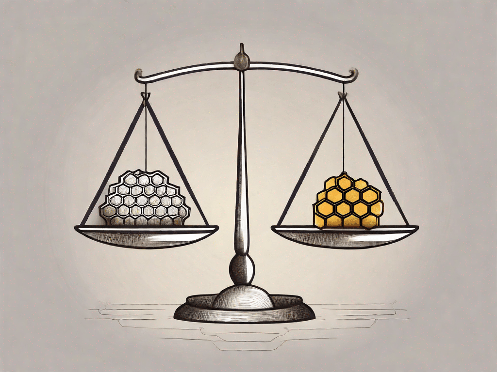 A balanced scale with a honeycomb on one side and a vegan symbol (a leaf or vegetable) on the other side