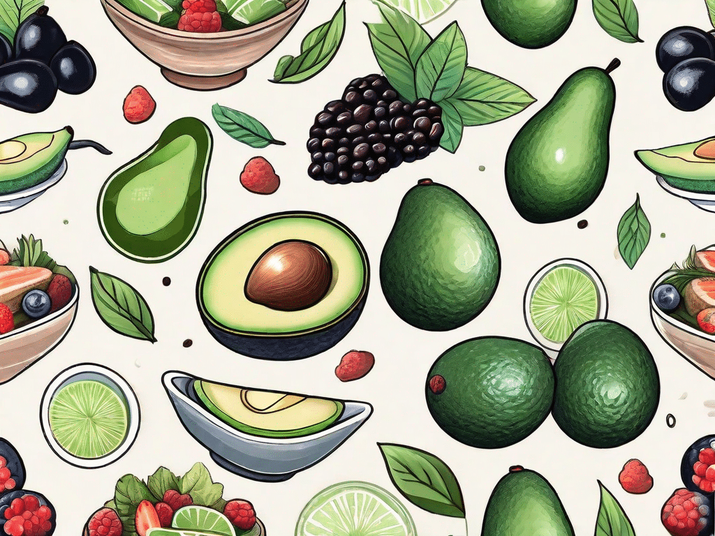 An assortment of 11 different healthy foods such as avocados