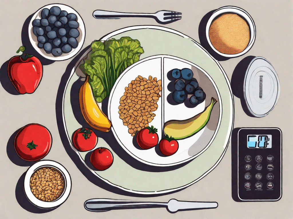 A balanced plate filled with various healthy foods like fruits