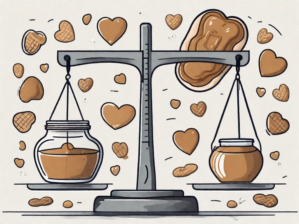 A balanced scale with a jar of peanut butter on one side and various health symbols (like a heart